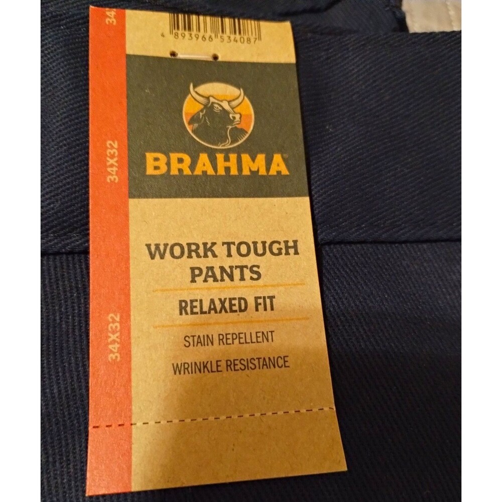 NWT-Brahma Work Tough Pants 34x32 Navy Relaxed Fit Stain Repellent Workwear